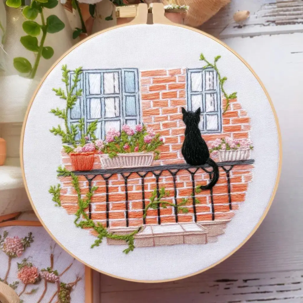 Beginner-Friendly DIY Cat Scenic Cross Stitch Kit with Cloth, Hand Embroidered Handicraft Set, English Guide, for Home Decor, Handmade Gifts
