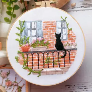Beginner-Friendly DIY Cat Scenic Cross Stitch Kit with Cloth, Hand Embroidered Handicraft Set, English Guide, for Home Decor, Handmade Gifts