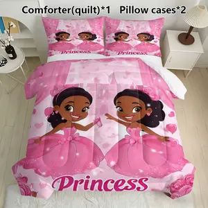 Cute Girl Princess Quilt Set, 3-Piece (1 Quilt + 2 Pillowcases), Soft Breathable Polyester Fiber, All-Season Bedding, Home & Dorm Use