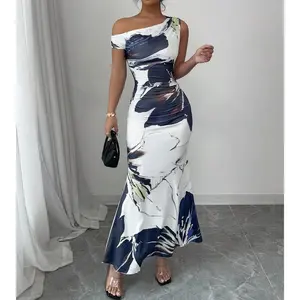 Floral Print Asymmetric Neck Fishtail Dress, Fashionable Summer Holiday Wedding Guest Dress Womenswear Fabric