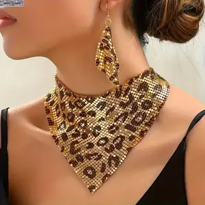 Leopard Print Sequin Statement Necklace Set for Women, Triangle Scarf Bib Collarbone Chain with Matching Earrings, Y2K Maximalist Fashion Jewelry for Party, Festival, Vacation & Night Out