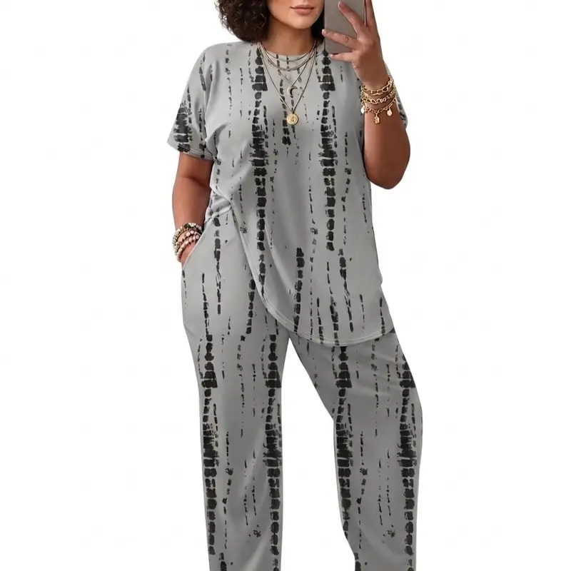 Women's Plus Size 2-Piece Ink Stripe Pajama Set - Shortsleeve Crew Neck Top, Stretchy Pants, Bohemian Loungewear for Everyday Use (2xl Clothes for Women)