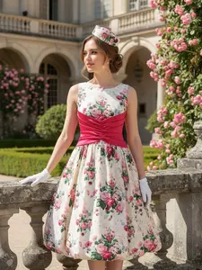 RETRO STAGE Women's 1950s Casual Floral Dress, Multicolor Antique Royal Style with Back Bow, Ideal for Valentine's Day