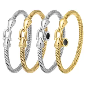 Stainless Steel Twisted Cable Bangle Bracelet with Lobster Clasp, Gold/Silver Tone Open Cuff Bracelet for Men & Women, Fashion Jewelry Gift