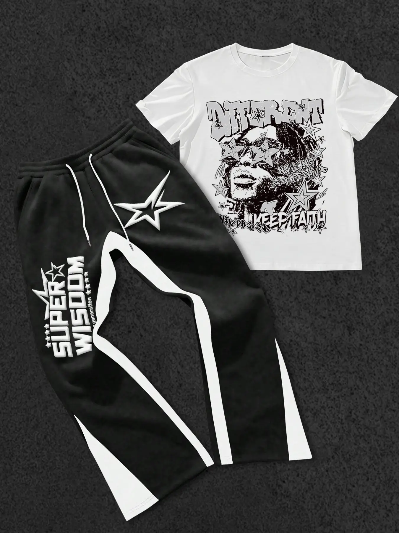 The men's two-piece set, Casual set, Match Style Set, includes a crew neck short-sleeved T-shirt with stars, letters, graphic print and slim-fit trousers, knitted fabric, suitable for everyday wear and all seasons, Classic