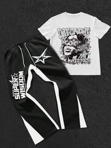 The men's two-piece set, Casual set, includes a crew neck short-sleeved T-shirt with stars, letters, graphic print and slim-fit trousers, knitted fabric, suitable for everyday wear and all seasons, Classic