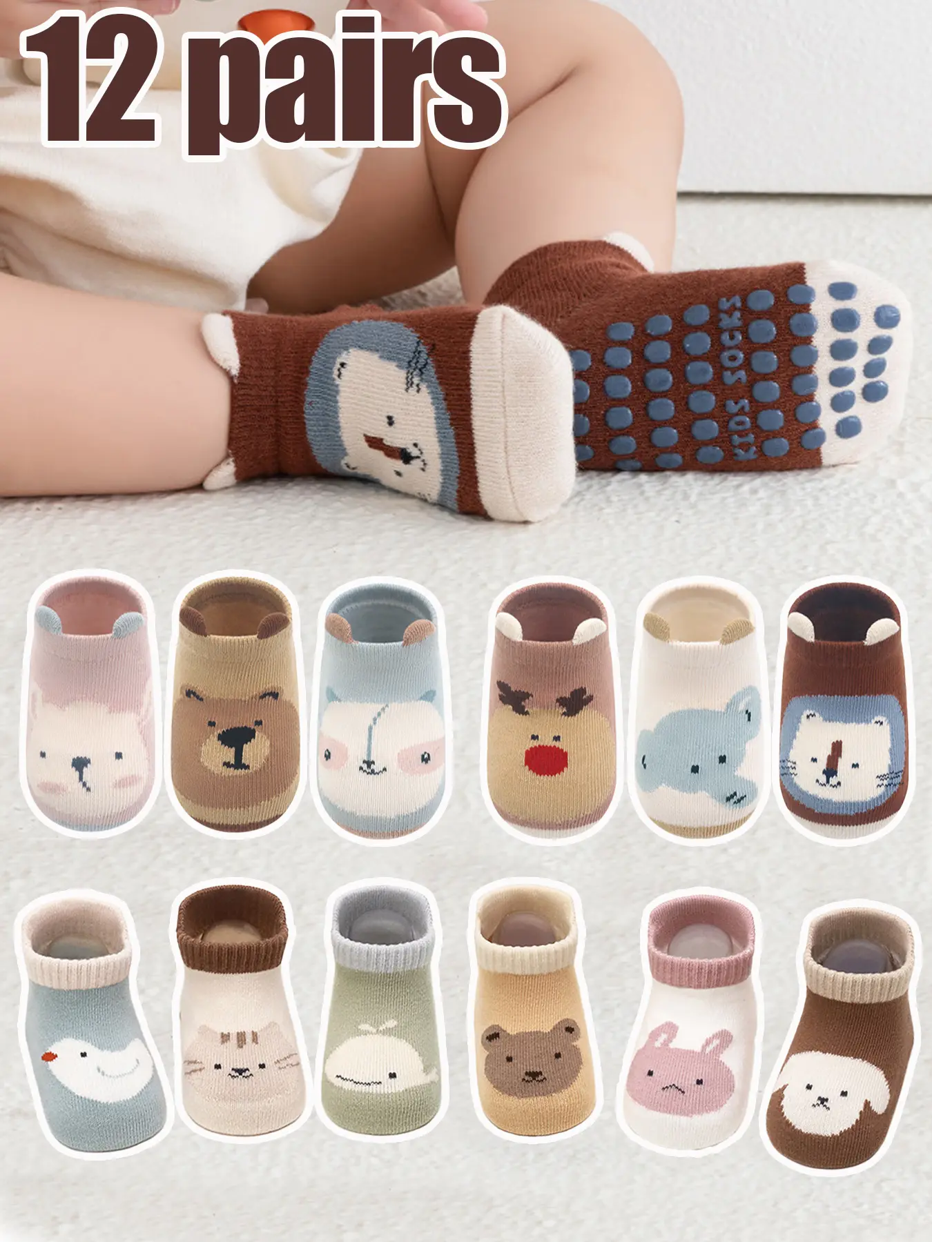 12 Pairs Baby Boys Cartoon Socks Anti-Slip, Toddler Walking Socks, Newborn Baby Boy Animal Print Socks, Unisex Short Socks, Toddler Grip Socks