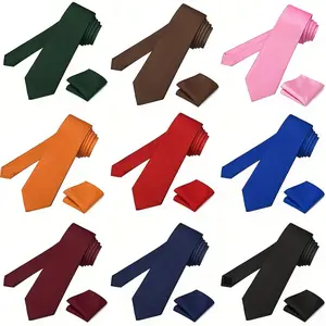 Men's Solid Color Tie and Pocket Square Set - 3.15" Wide (8cm) Classic Formal & Business Neckties in Deep Green, Brown, Pink, Blue, Red, Navy, Black, - Elegant - Wedding, Office, Party - Soft Microfiber Ties - Ideal for Birthdays, Father's