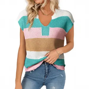 Shewin 2026 Spring/Summer Women's Striped Colorblock Knit Top - Breathable Hollowout V-Neck Short Sleeve Loose Casual Shirt for Daily Wear SpringStatements