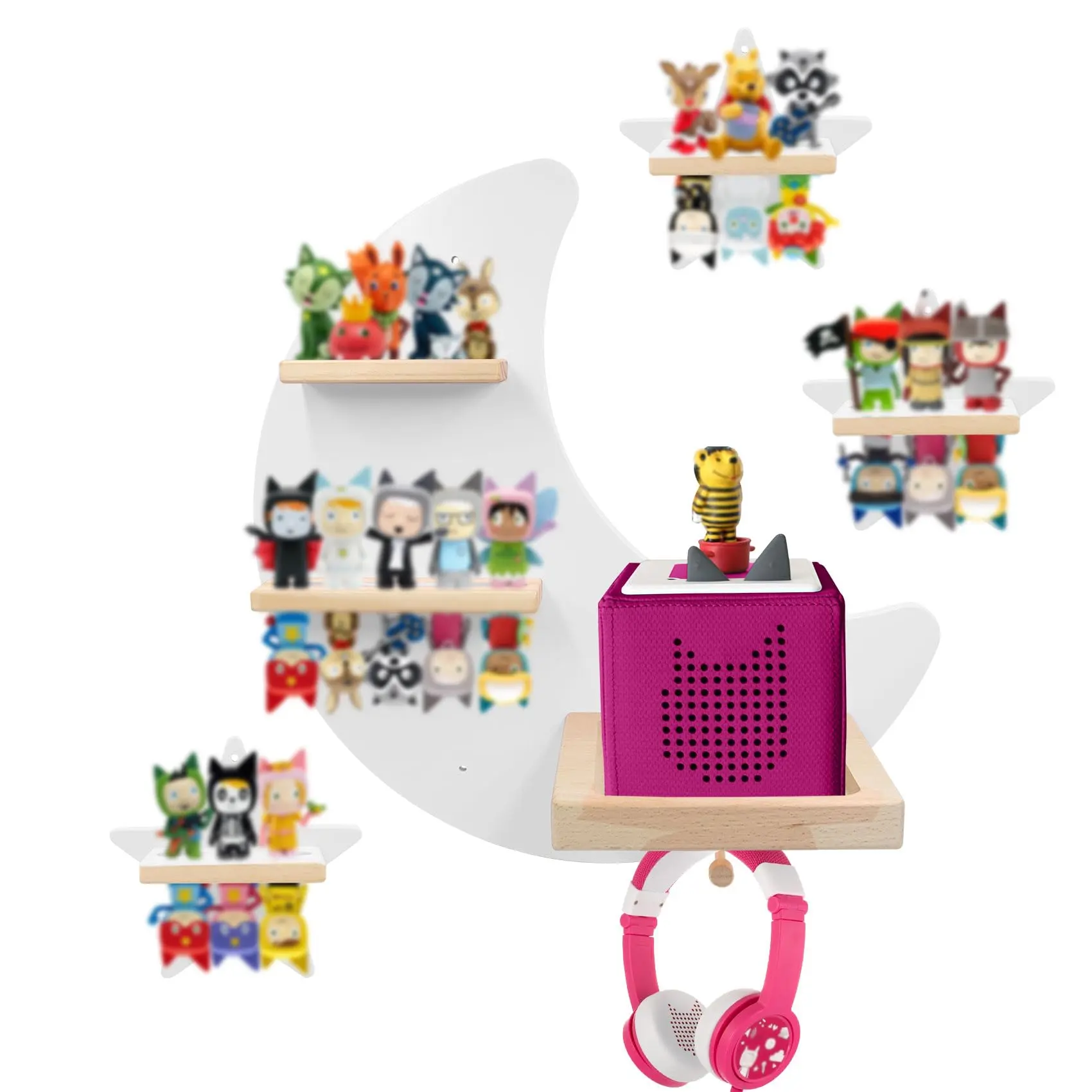 for Tonies Box Organizer Tonie Storage Shelf Wall Mounted, Magnetic Floating Shelves for Toniebox, Tonies Characters, Earphones, Display Collection 20~30 Characters (Moon and 3 Stars-Grey) Decor Gery