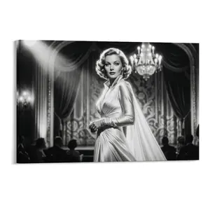 1pc Frameless Black & White Retro Hollywood Glamour Canvas Print, Elegant Actress in Grand Theater, Classic Movie - Style Wall Art, Vintage Home Decor for Living/Bedroom/Office/Bar, Printed Artwork