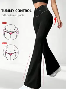 High Waisted Crossover Tummy Control Flared Leggings for Women, High Stretch Bottoms, Butt Lifting Stretchy Bell Bottom Yoga Pants, Workout Casual Daily Wear, Comfy Soft Fabric Slimming Trousers for Gym, Street