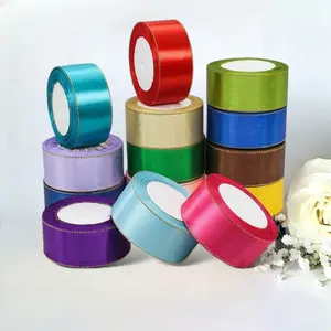 Gold-edged Satin Ribbon (5 Roll)(1.5in/4cm)- 25 Yards, Decorative Ribbon for wedding Parties, Wrapping Flowers Bouquets, DIY Gift Wrapping Supplies Floral Decorations