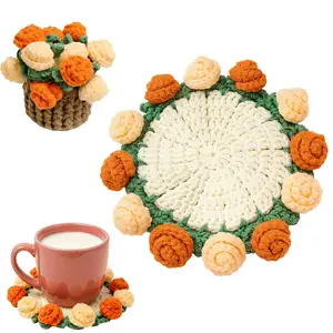 Handmade Crochet Flower Round Coasters, Soft Decorative Drink Coasters for Home Kitchen Tabletop, Orange & Yellow, Round Coaster