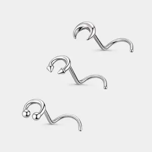 Oufer 3PCS Stainless Steel Pincher+Horseshoe Cool Piercing Type Corkscrew Nose Studs