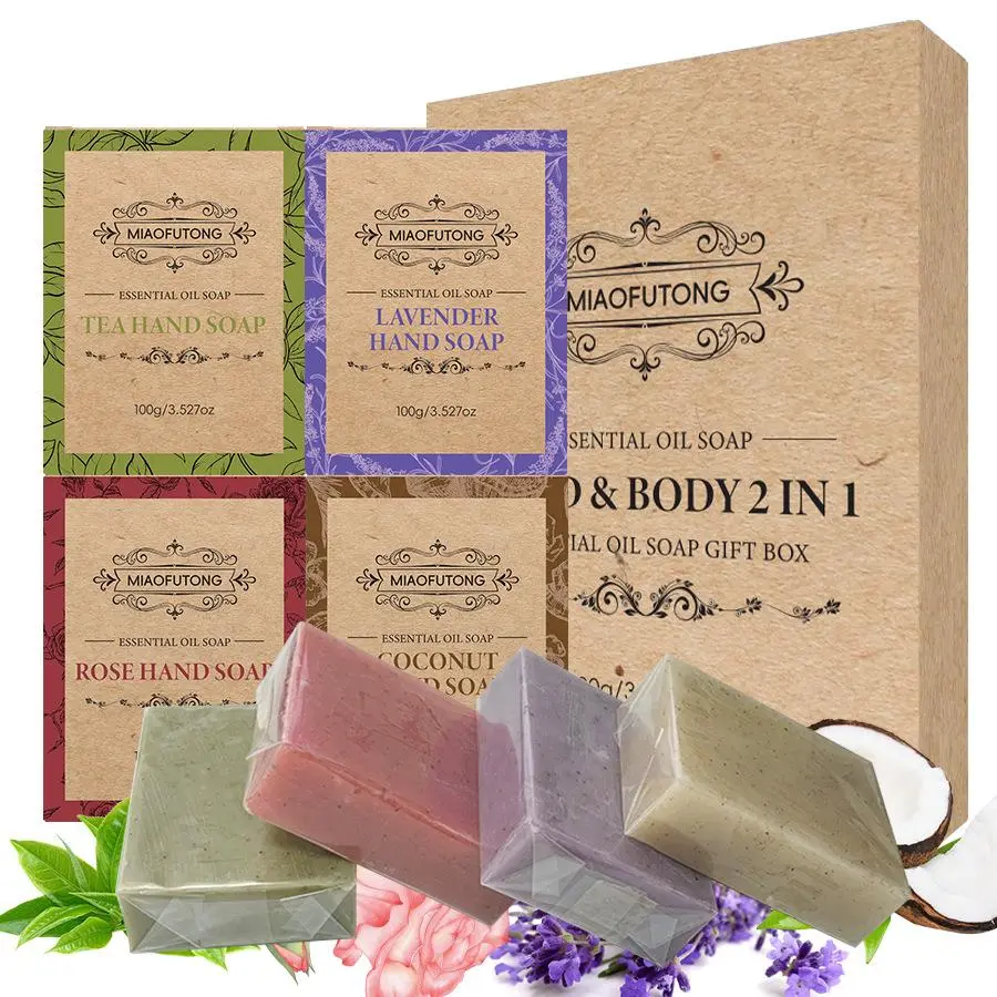 Set of 4 Exfoliating Soaps, Scented Soap Bar, Lavender Rose Tea Tree Coconut Scents, Handmade Bath & Face Soap Set, Bath Products for Skin Care Gift Ideas