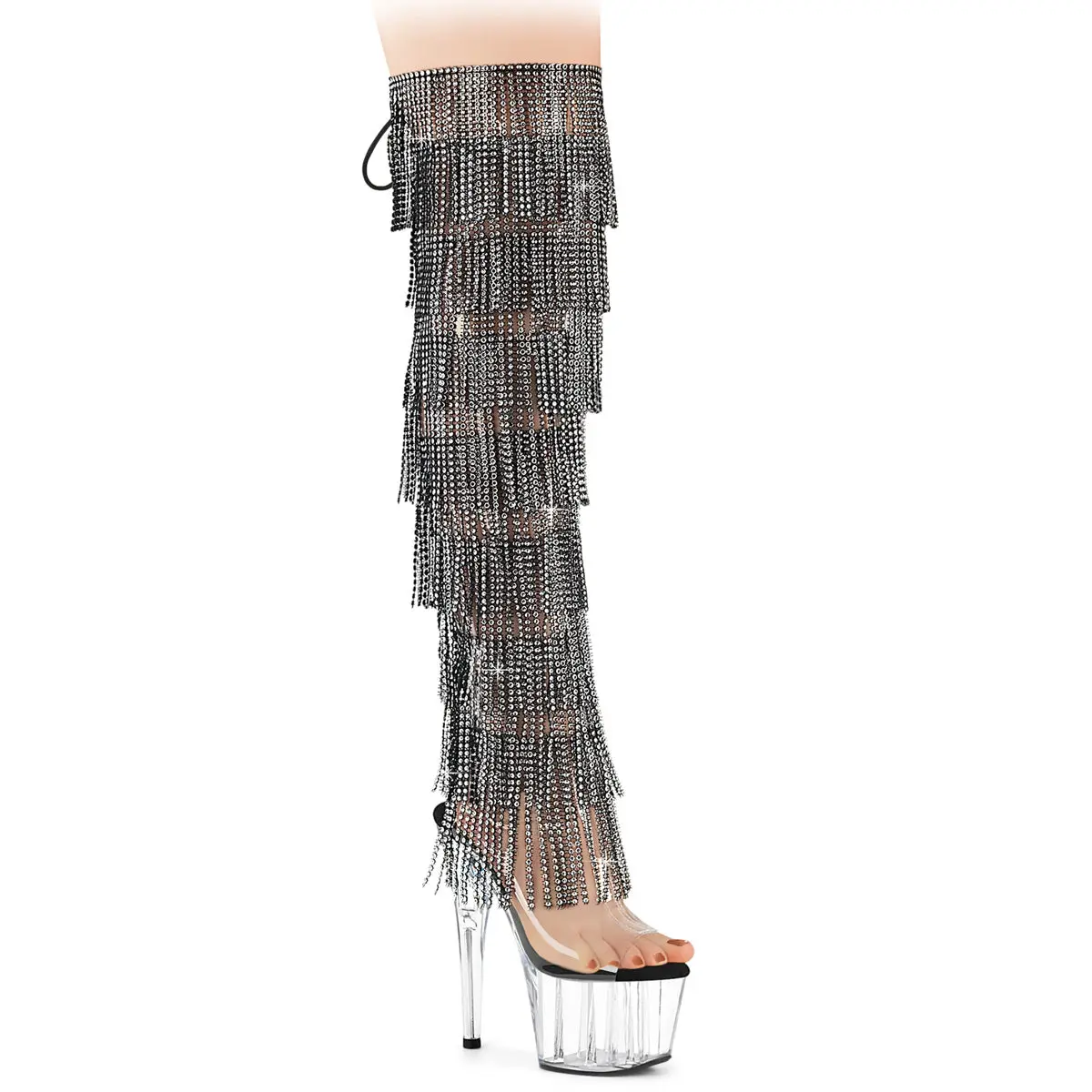 Pleaser Women's Platform Lace Fashion Booties - Adore-3019C-RSF, Clear-Black/Clear, Party Rhinestone Zip Open Toe Women's Footwear, Lace Up Boot, Block Heel, Side Zipper, Boot Heels, Shoe, 7 In, Lace-Up Back
