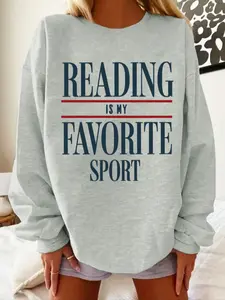 "Reading Is My Favorite Sport" Bookish Graphic Knit Loose Fit Pullover Sweatshirt - Women's Light Gray Oversized Crewneck Womenswear