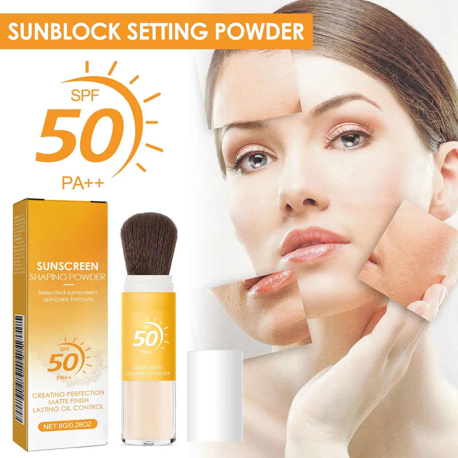 Setting Powder Sunblock SPF 50 PA++, Long Lasting Facial Sunscreen with Oil Control, Waterproof and Lightweight Matte Finish, Brush-On