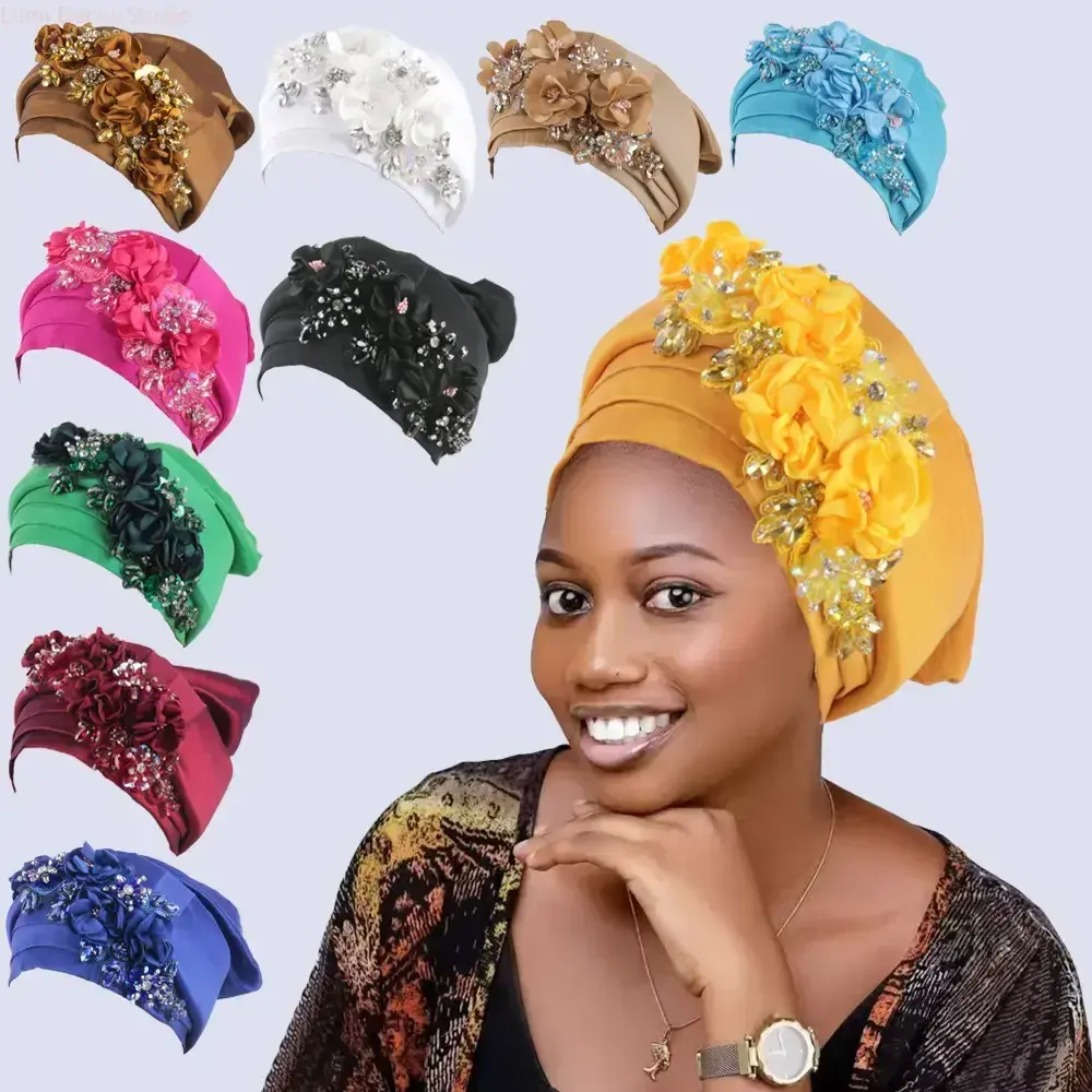 Female Luxury African Floral Turban Headwrap - Elegant Rhinestone Muslim Hijab Cap, Secure Glamorous Nigerian Party Headpiece for Weddings, Ceremonies (Sports & Outdoor Clothing Accessory)