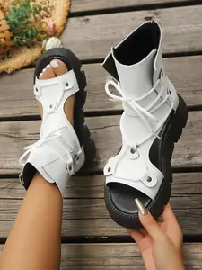Women's Thick Sole High-Top Roman Sandals, Classic, Summer Anti-Slip Buckle Strap, Vintage Hollow Out Breathable Fish Mouth Shoes