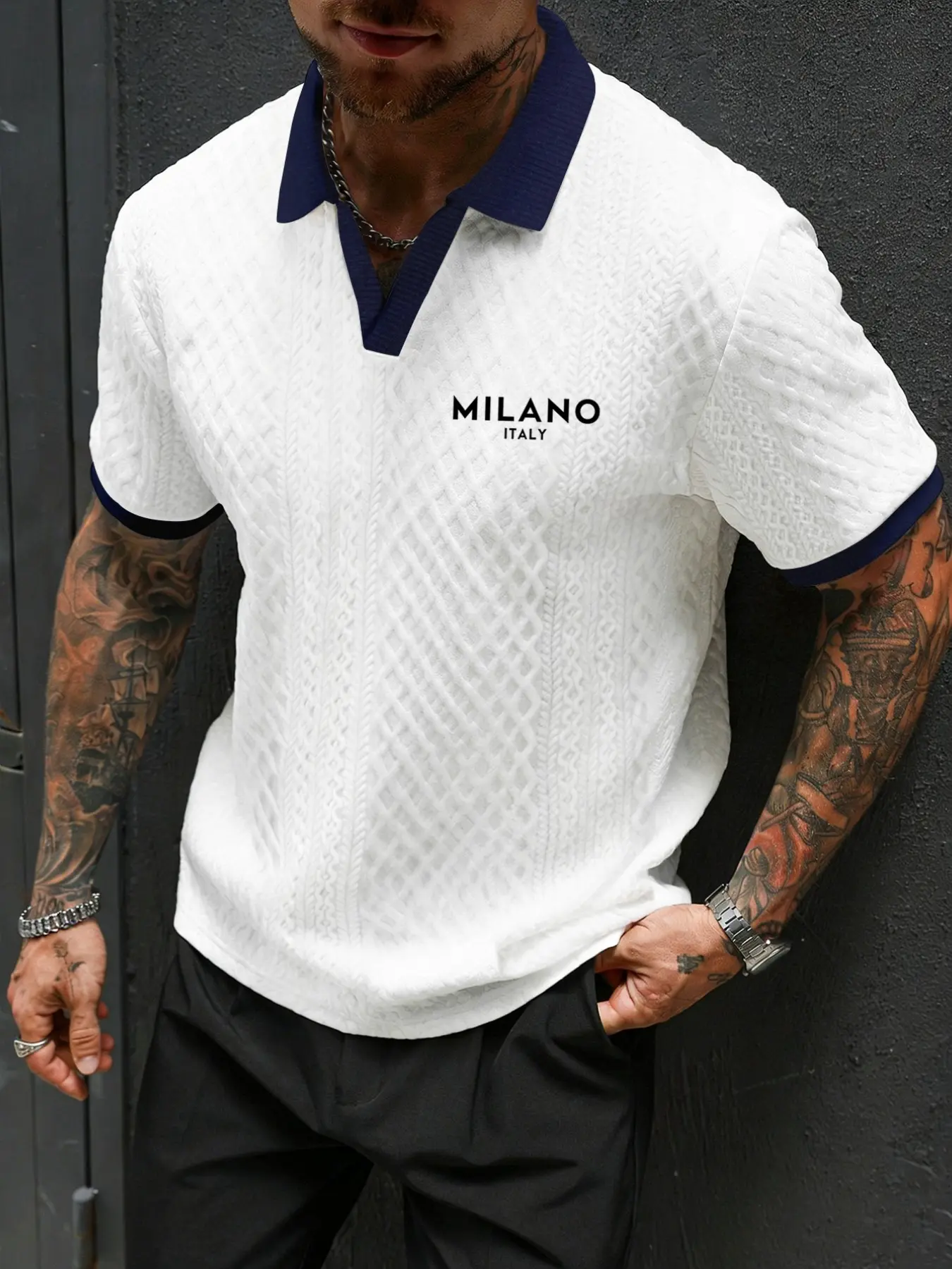 Men's Letter Print Knitted Summer Polo Shirt, Fitted Polo Shirts, Collared Polo, Printed Polo Tops, Slim-Fitting Short Sleeve, Business Casual Top, High-End Texture Contrast Collar, Stylish T-Shirt, Menswear