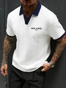 Men's Letter Print Knitted Polo Shirt, Fitted Polo Shirts, Collared Polo, Printed Polo Tops, Slim-Fitting Short Sleeve, Business Casual Top, High-End Texture Contrast Collar, Stylish T-Shirt, Menswear