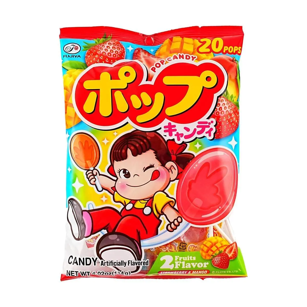 FUJIYA Japanese Strawberry & Mango Lollipops - 20 Count, 114g Family Pack, Fruity Candy Sticks for Kids & Adults