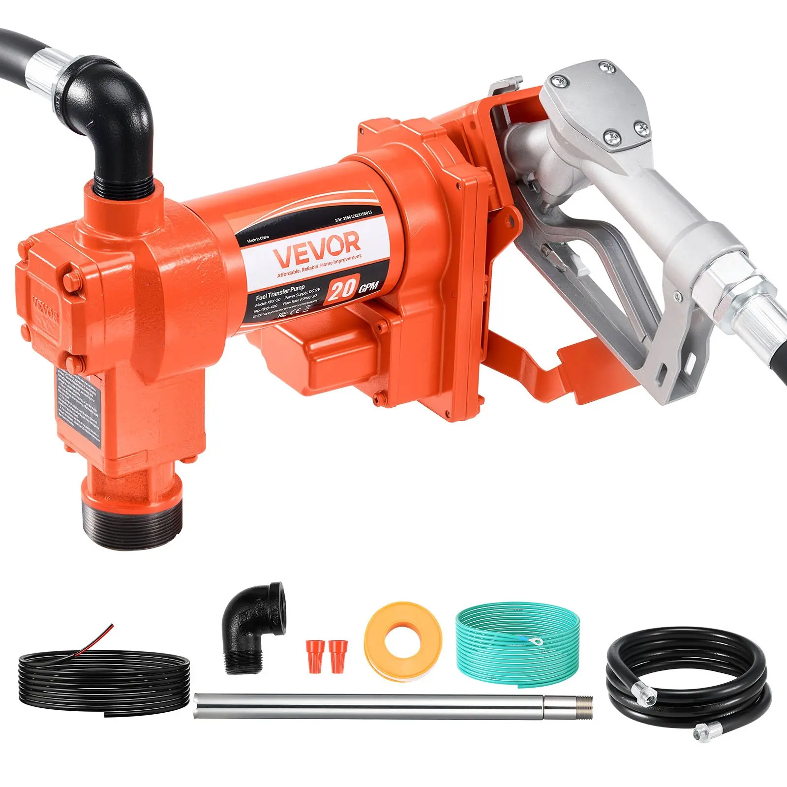 VEVOR 12V DC Fuel Transfer Full Kit, 20 GPM 1/4 HP Pump with 1 in Diameter Manual Nozzle, Discharge Hose, Suction Pipe, Adjustable Compatibility, Flexible Operation for 22s Tractor Fill, Gasoline, Kerosene, Ethanol-Methanol Blends, Biodiesel
