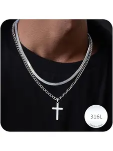 Men's 316L Stainless Steel Cross Pendant Necklace, Durable Cuban Snake Chain Design, Ideal Gift for Men/teenagers, Silver Color Option, Men Jewelry