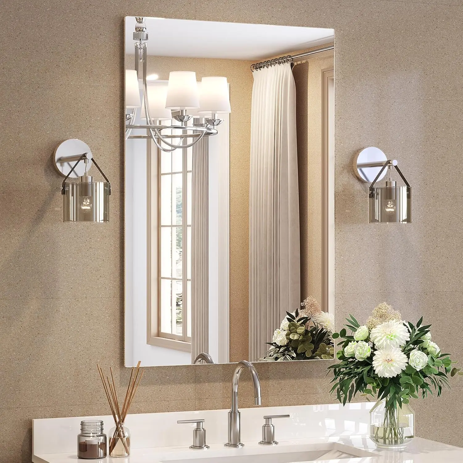 Frameless Mirror, 24x36 Inch Bathroom Mirrors for Over Sink, Large Tempered Glass Square Wall Mirror, Frameless Vanity Mirror for Gym, Yoga, Living Room, Bedroom, Entryway