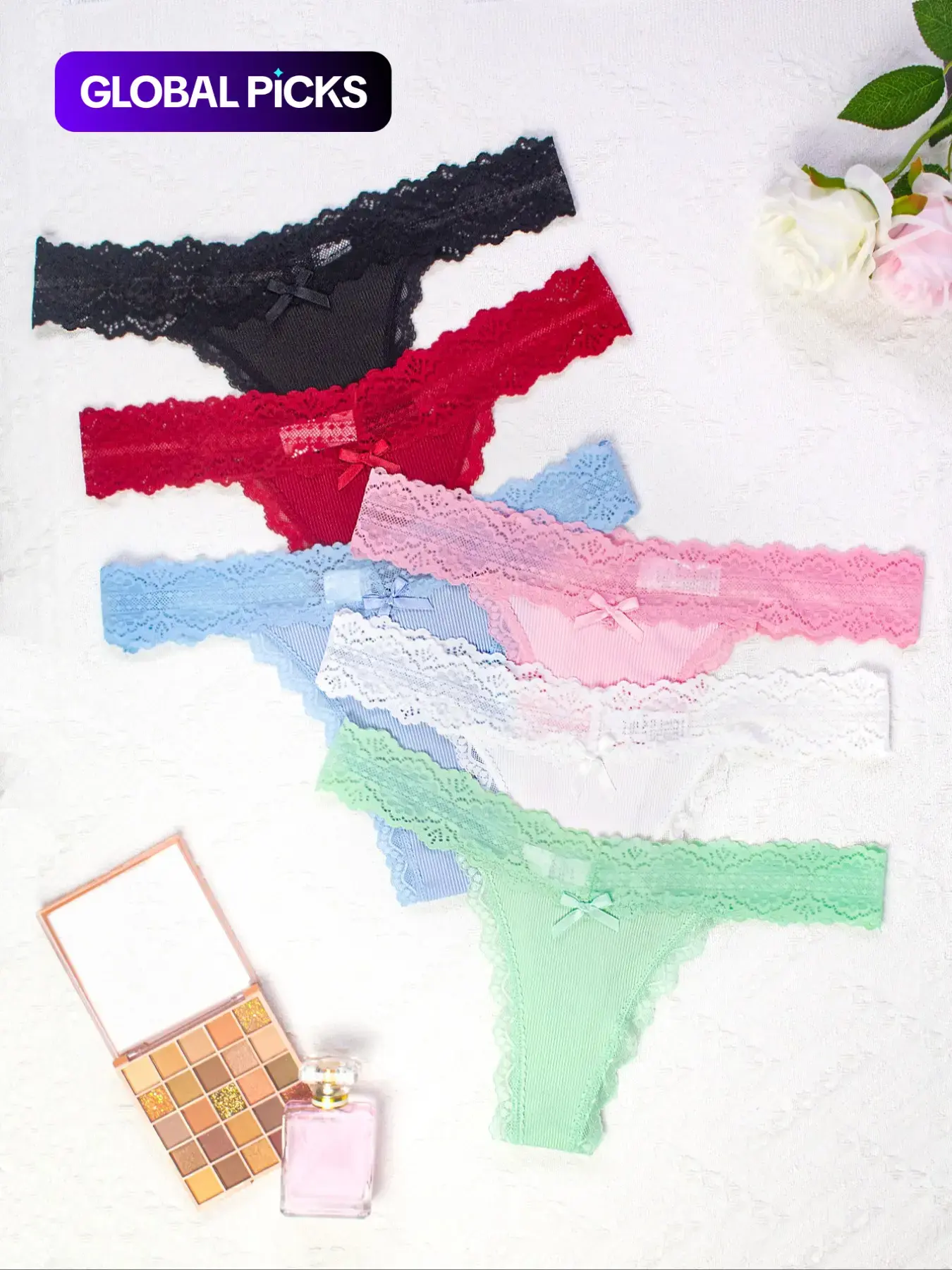Women's 6pcs Bow Decor Sheer Lace Fitted Panty, Soft Stretch Breathable Comfortable Lace Trim Knickers For Daily Wear, Women's Underwear Bottoms For All Seasons, Intimates Panties, Knicker Set