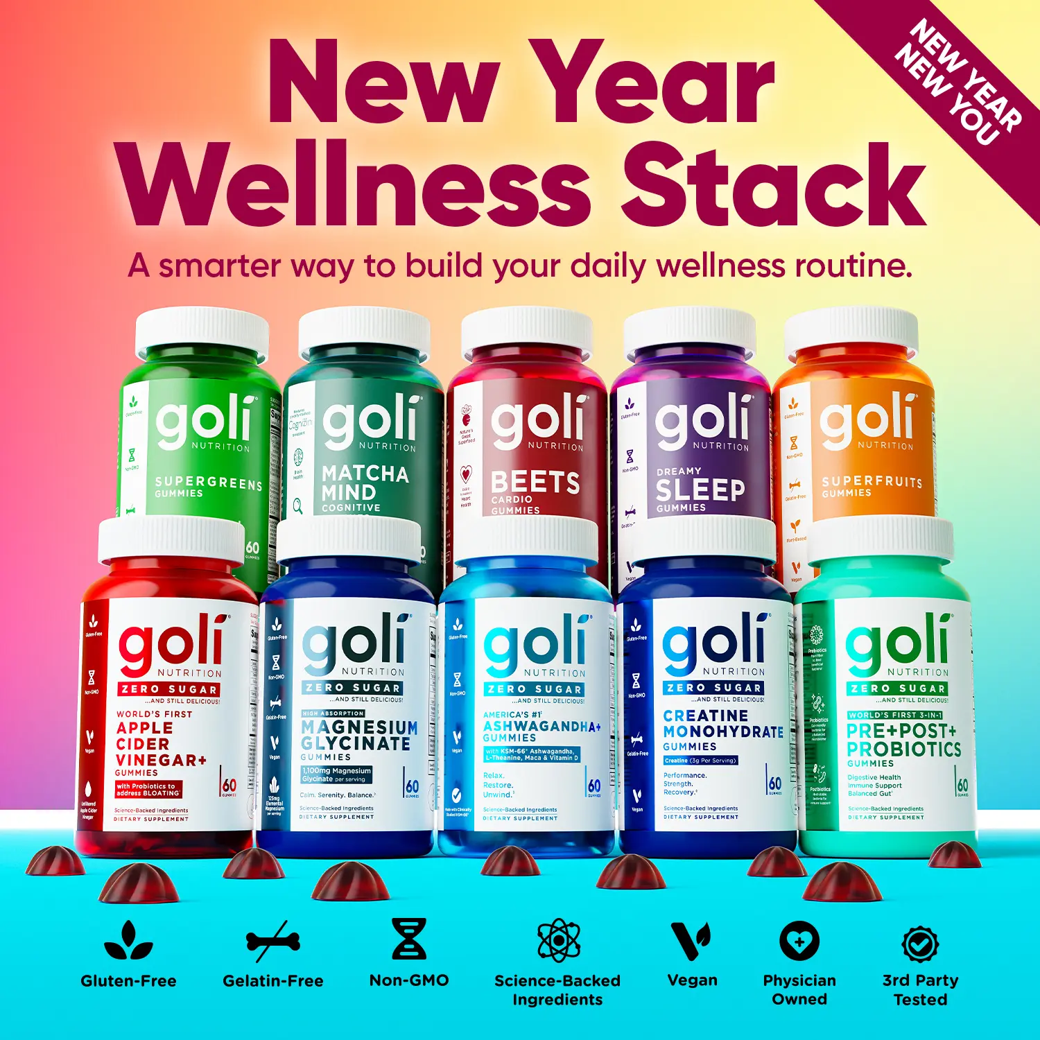 Goli New Year Wellness Stack - Hand Picked 10 Best Sellers - Gluten-Free, Vegan, Plant-Based, Non-GMO & Gelatin-Free