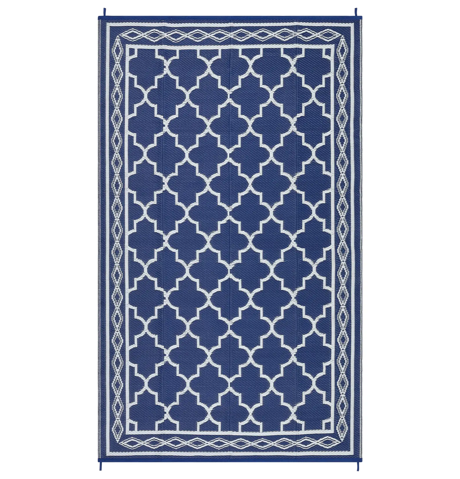 10x14 ft Plastic Dark Blue and White Rectangular Area Rug with Rhomb Border, Modern Moroccan Style, Lightweight Mat, Washable Outdoor Area Rug for Beach, Patio, RV Camping, Washable Area Rugs