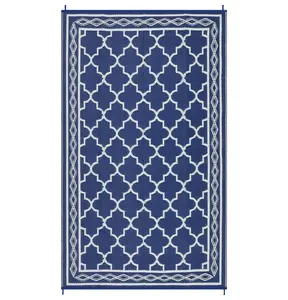 10 x 14 ft Plastic Dark Blue and White  Rectangular Beach Front Porches Patio Picnic RV Camping Garage Rhomb Border Modern Moroccan Area Rug