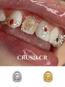 CRUSH CR Minimalist 18K Gold Plated Iced Out Crown Tooth Cap Set for Women, Tooth Gems, Crown Design with CZ Accents, Hypoallergenic Removable, Perfect for Daily Street Style, Brunch Dates, Festival Looks, Timeless Y2K Dental Jewelry Teeth Cover Girls