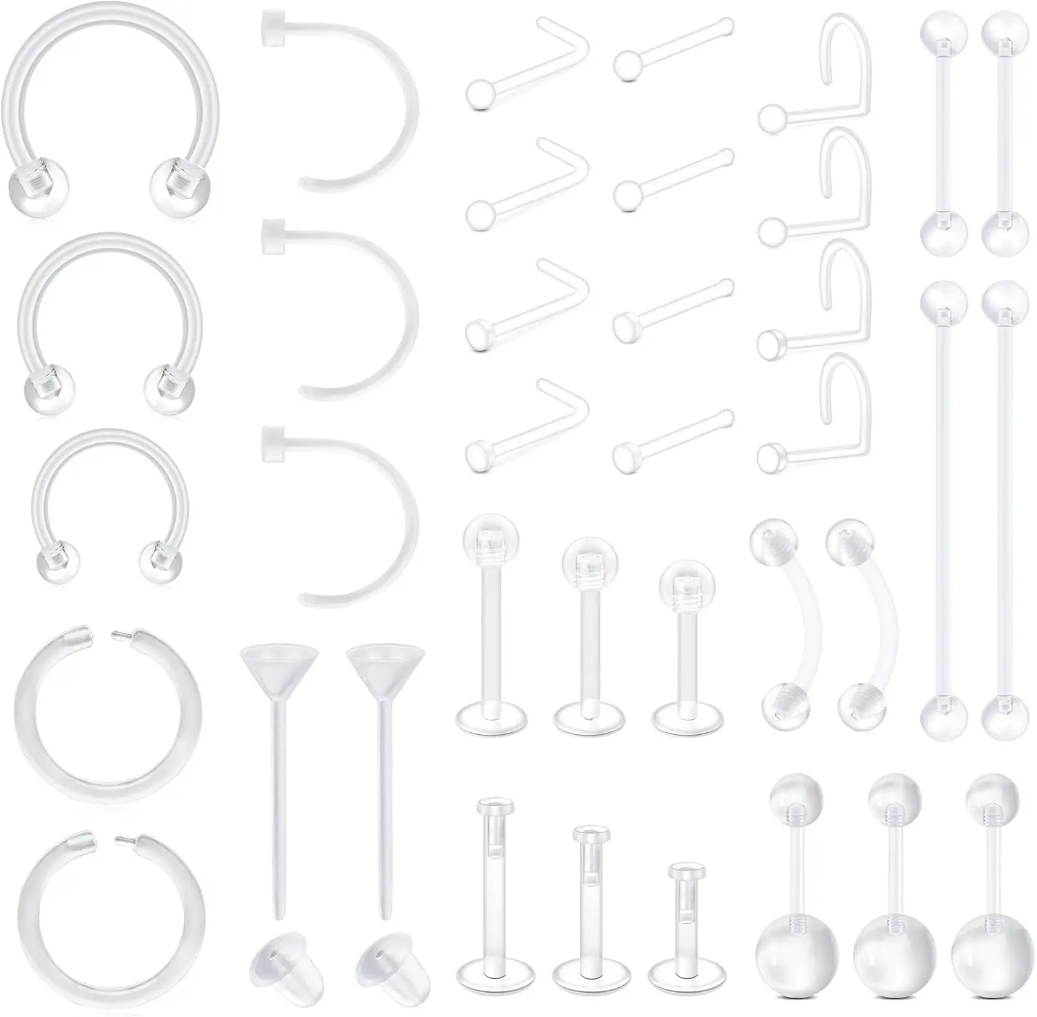 37PCS Clear Piercing Retainers For Work, Plastic Bioflex Nose Rings Studs Belly Rings Septum Eyebrow Lip Cartilage Tragus Earring Retainer Industrial Bar Piercing Jewelry(Gift)
