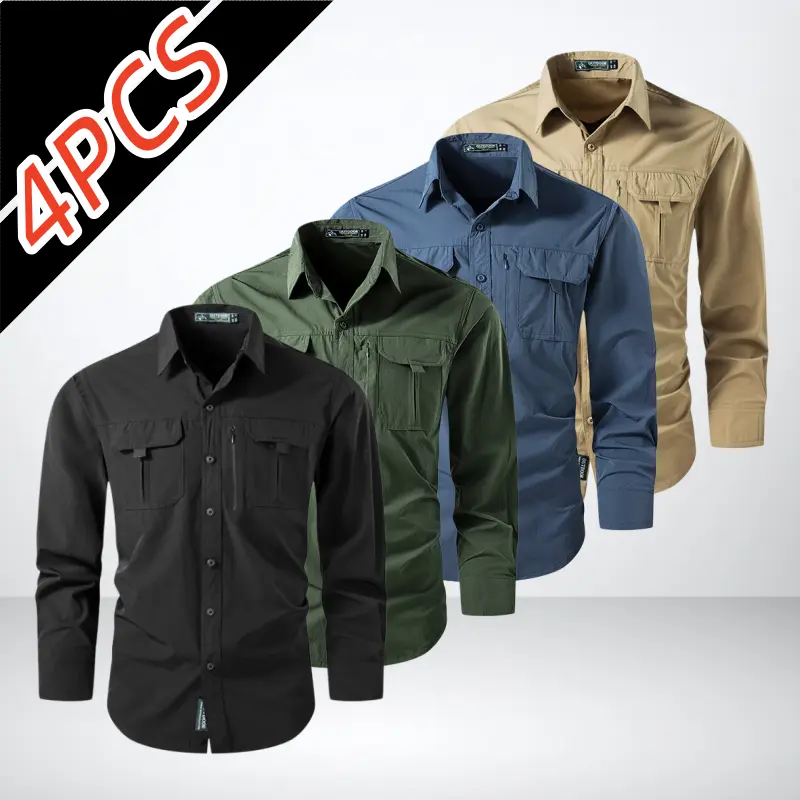 4-pack men’s outdoor work long-sleeve shirts, lightweight breathable quick-dry fabric, multi-pocket practical design, slim fit that doesn’t cling, versatile shirt for everyday commuting and outdoor activities