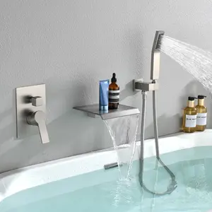 Wall-Mounted Bath Tub Faucet with Waterfall Spout, Single Handle Concealed Tub Filler with Hand Shower in Brushed Gold, Brushed Nickel, Matte Black