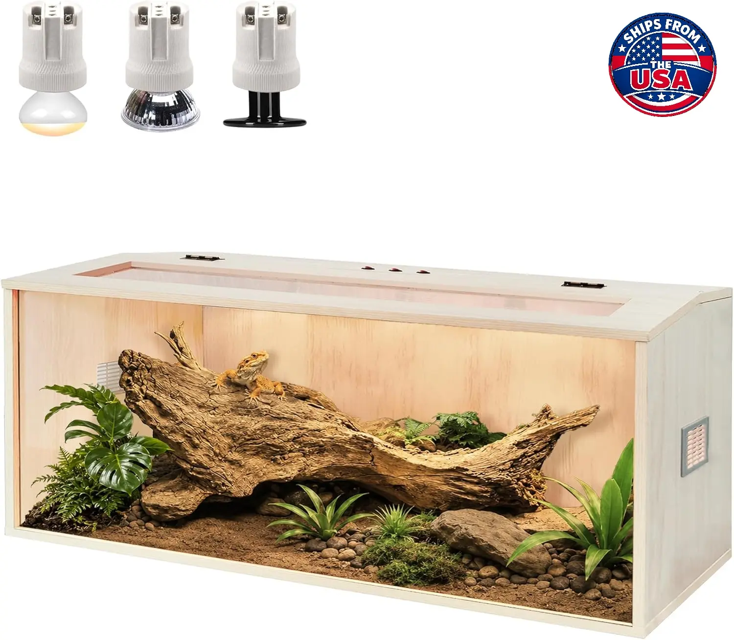 PROLEE 80 Gal Safe Rectangle Wooden Bearded Dragon Terrarium, Tempered Glass Lizard Enclosure with Built-in Lamp Fixture & Transparent Roof (48x20x20 inch)