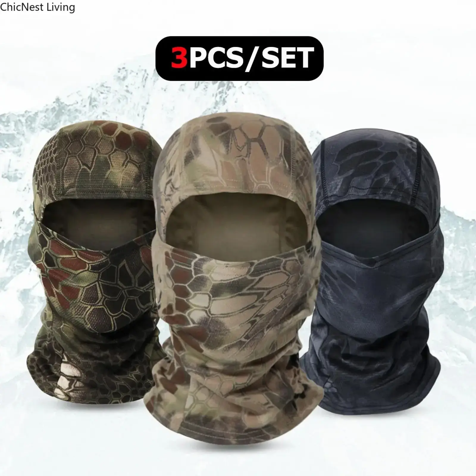 3-Pack Python Pattern Balaclava Full Face Mask, Tactical Helmet Liner, Quick-Dry, Windproof & UV Protective for Outdoor Activities, Protective Gear, Face Cover Balaclava, 3Pc, Breathable