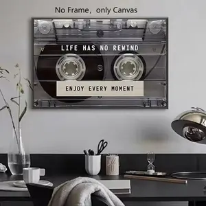 Music Cassette Tape Pattern Vintage Letters Print Unframed Painting, 1 Count Canvas Wall Art, Wall Decor for Home Living Room Bedroom Bar Coffee Shop, Artwork Ornaments