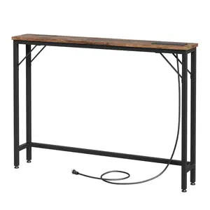 【Christmas Gift】Brown Slim Console Table with Built-In Outlets Narrow Industrial-Style Sofa Table for Small Spaces Behind Couch Hallway Entryway
