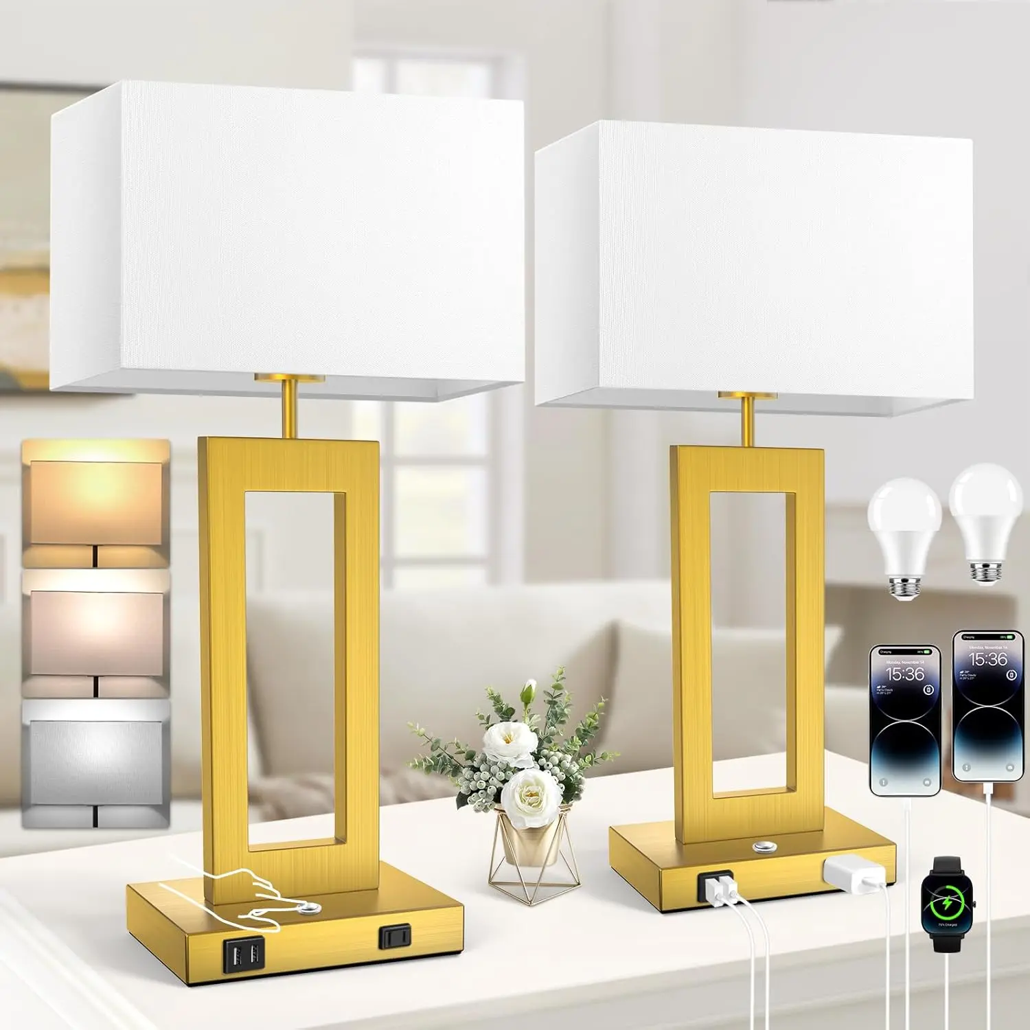 MATULSA 27’’ Touch Control Table Lamps Set of 2, 3 Color Light Bedroom Bedside Lamps, Modern Gold Dimmable Lamps with USB Ports & AC Outlet, Tall Living Room Lamps for Nightstand End Table, 2 Bulbs