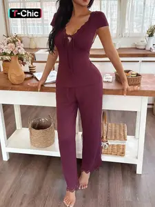 Sexy Lace Patchwork Women's Pajama Set, Pjs, Loungewear, Homewear, V Neck Hollow Out Bow Tie Top and Casual Loose Long Pants, Elegant Sleepwear for All Seasons