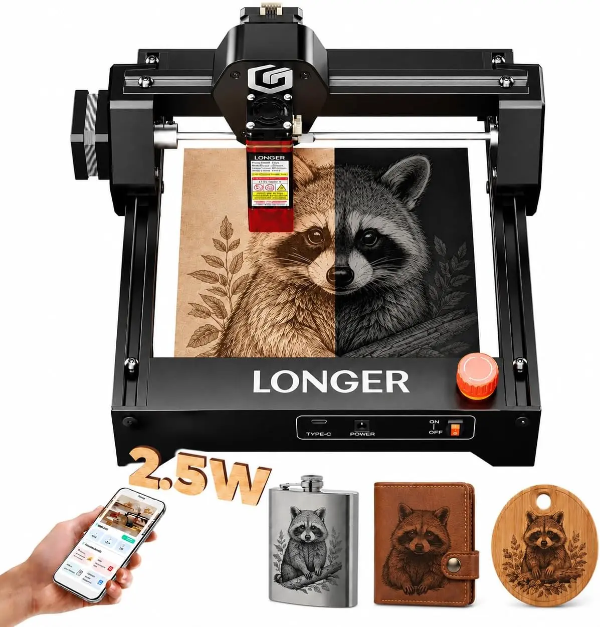 LONGER RAY5 Laser Engraver 2500mW High Precision 0.04 * 0.04mm Laser Cutter and Engraving Machine 130x130mm Working Area Mini Portable Laser Engraver for Wood Metal Acrylic Glass