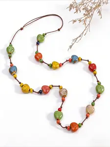 Colorful Handmade Ceramic Beach Boho Necklace, Vintage Bohemian Jewelry, Women's Exclusive Gift, Retro Style, All Seasons, Ethnic Pattern, Jewelry Gifts