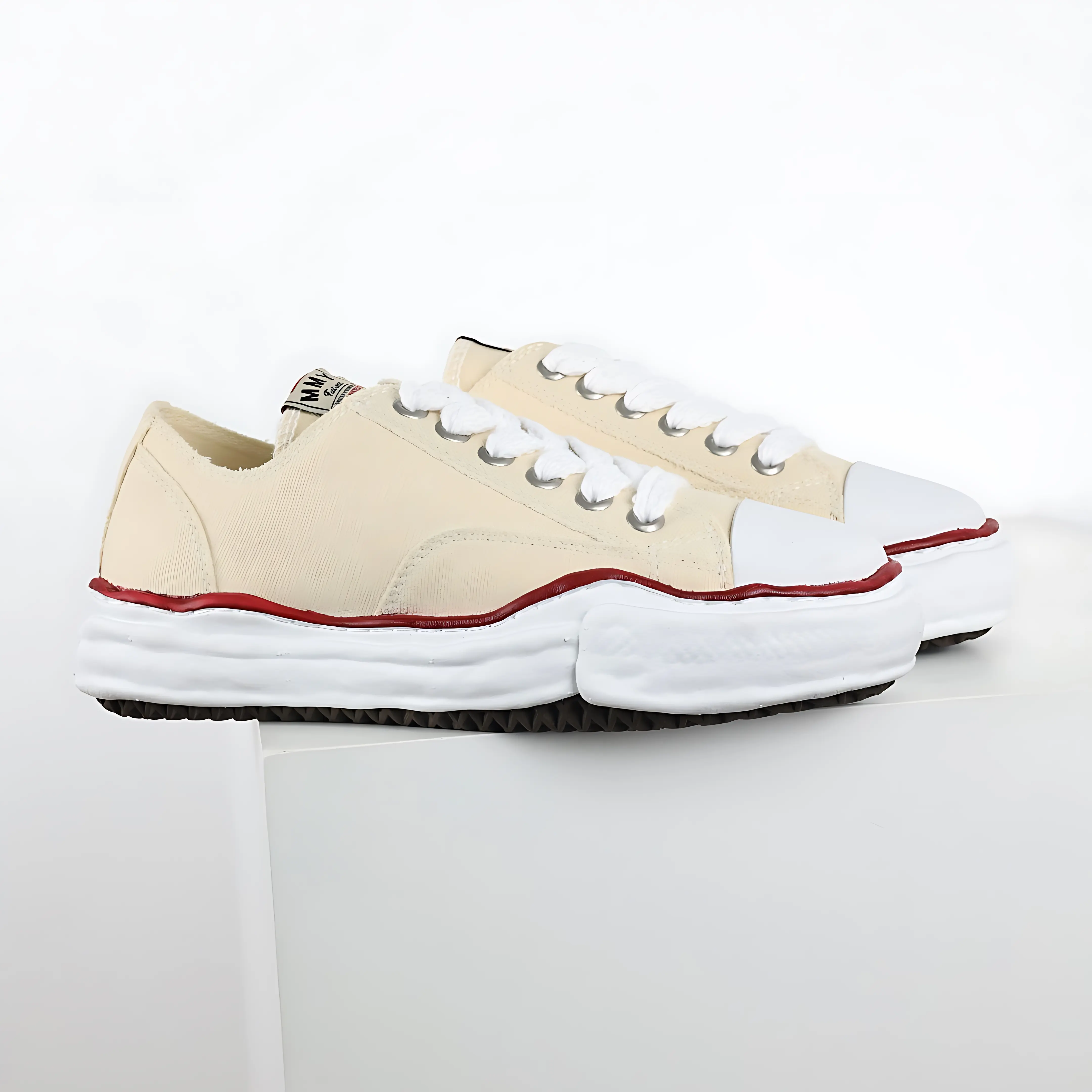 Brand New Sealed with Original Shoe Box | Unisex Beige Canvas Distressed Platform Sneakers | Soft Breathable Fabric Casual Walking Shoes Multi Color Options | Vintage Wavy Sole Daily Wear Streetwear Footwear for Men Women Outdoor Daily Lifestyle