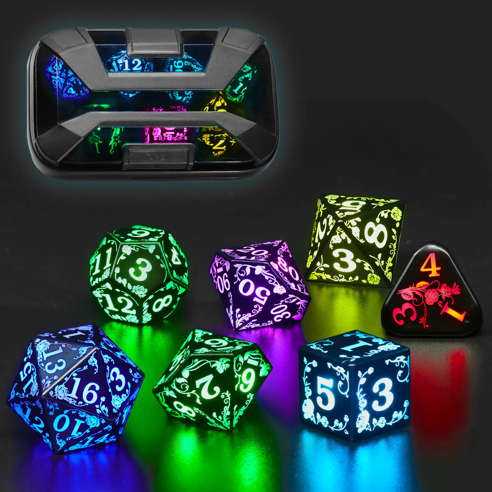 FONVGOGO 7-Piece RGB Wireless Rechargeable Light-Up Polyhedral Dice Set - 7-Color Glow, Rechargeable Battery, Charging Box, for D&D Tabletop RPG Games, RGB Lights for D&D Lovers, Perfect DND Gift for Birthdays, Holidays, Parties