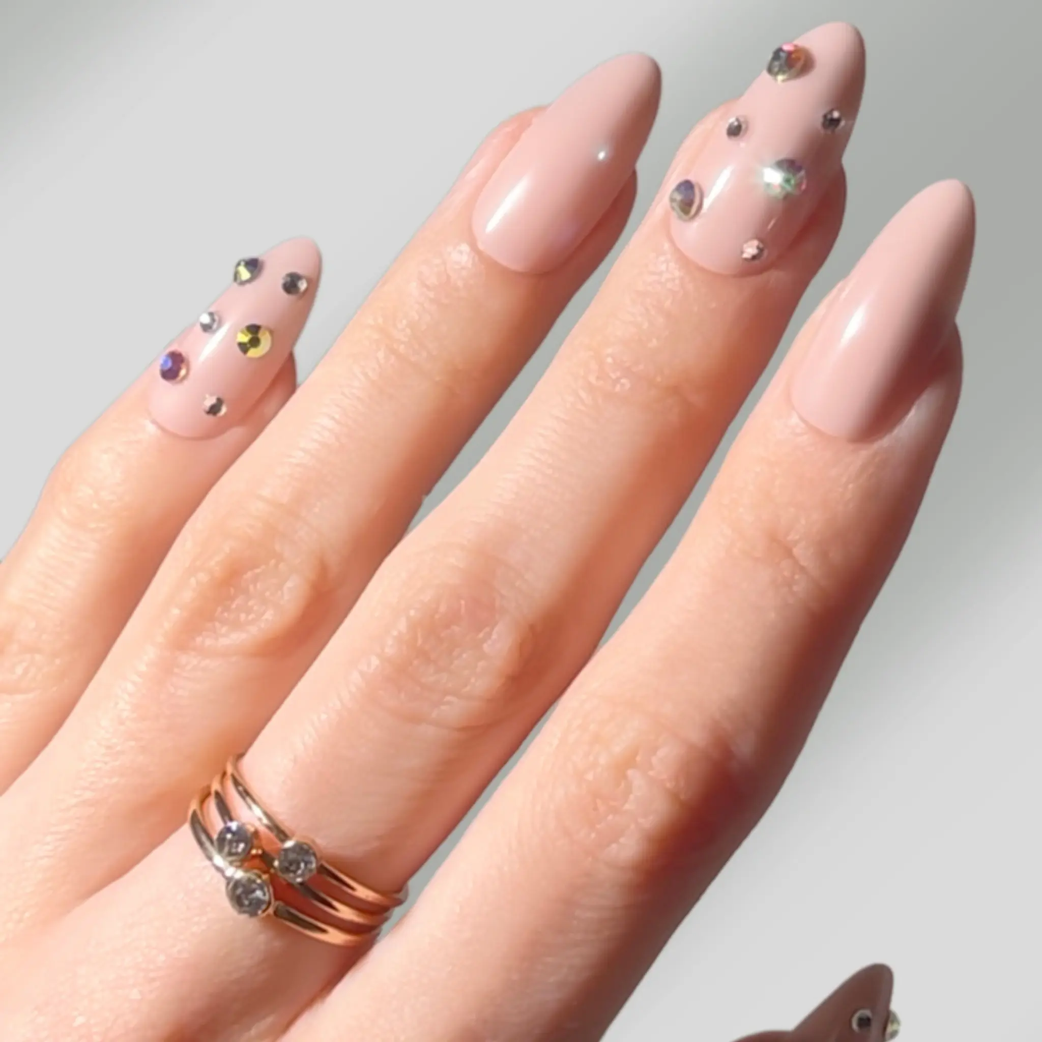 PaintLab Nude 3D Diamonds Press On Nails - Rhinestone Medium Almond Fake Nails, 30 Nails in 15 Sizes with Glue